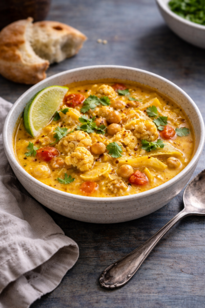Spicy Cabbage Soup with Cauliflower, Chickpeas and Coconut Milk