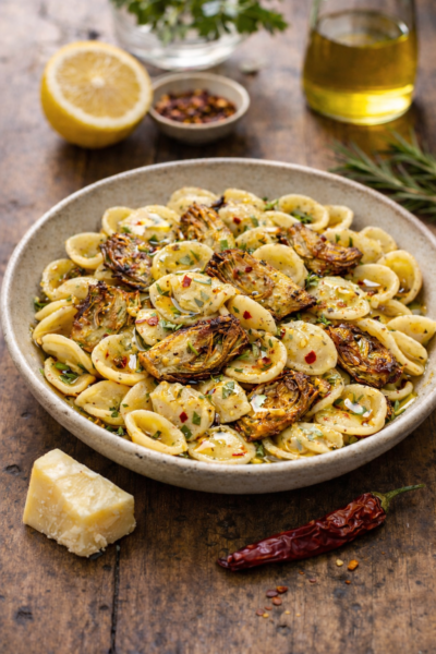 Spicy Crispy Artichoke Orecchiette Pasta Lemon Olive Oil