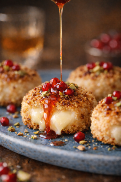 Spicy Almond Crusted Brie Bites with Raspberry Chili Honey Glaze
