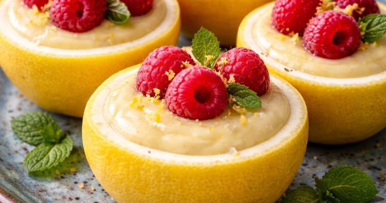 Spicy Vegan Lemon Pudding in Rind Cups ~ Fresh Raspberries Spicy Vegan Lemon Pudding in Rind Cups ~ Fresh Raspberries