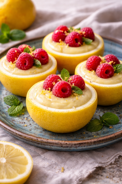 Spicy Vegan Lemon Pudding in Rind Cups ~ Fresh Raspberries Spicy Vegan Lemon Pudding in Rind Cups ~ Fresh Raspberries