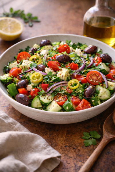 Spicy Mediterranean Salad with Lemon Ginger Olive Oil Pour! Spicy Mediterranean Salad with Lemon Ginger Olive Oil Pour!