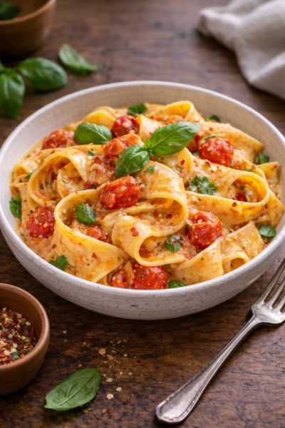 Spicy Creamy Pappardelle -Fresh Tomatoes & Basil – Vegan Yummies!