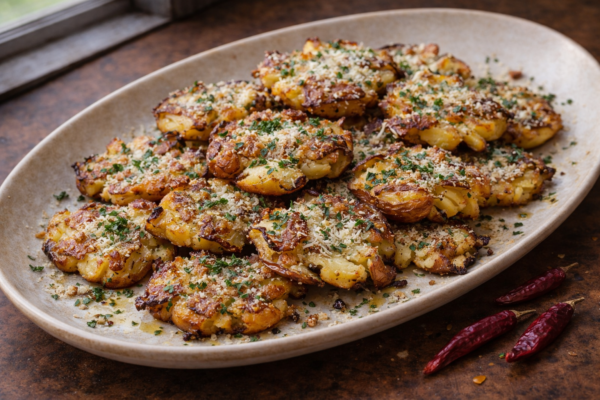 Spicy Crispy Cheezy Smashed Potatoes